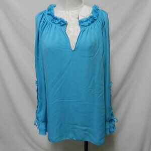 Kobi Halperin 100% Silk blouse top teal blue v-neck ruffled Size Sz X-Large XL